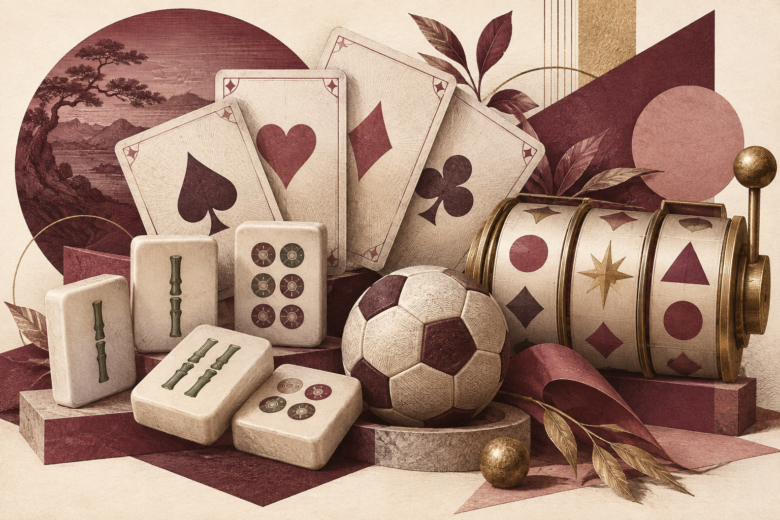 Ilustrasi editorial 456win dengan keping mahjong, kartu, bola, dan gulungan simbol