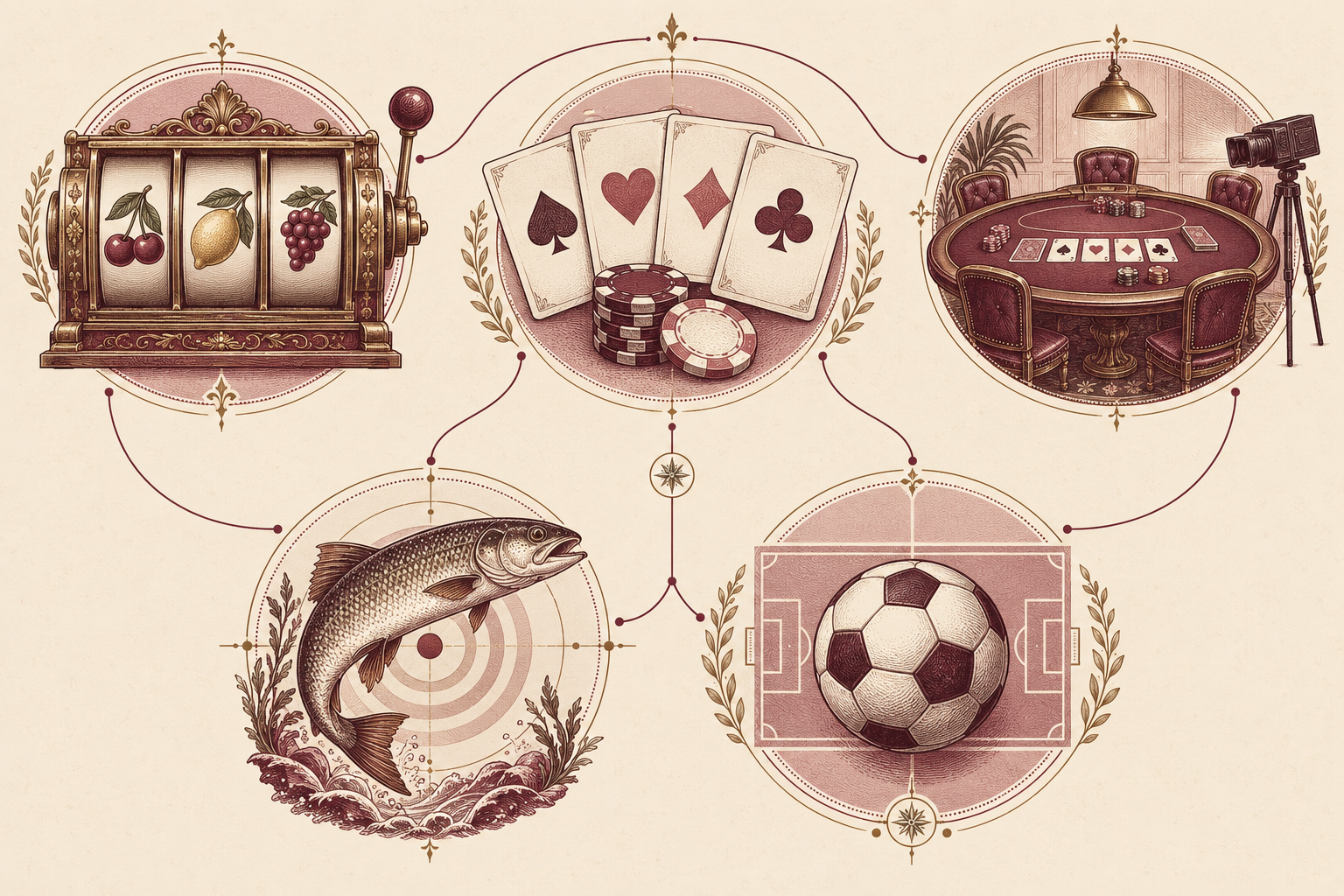 Ilustrasi kategori slot, kartu, kasino langsung, tembak ikan, dan olahraga